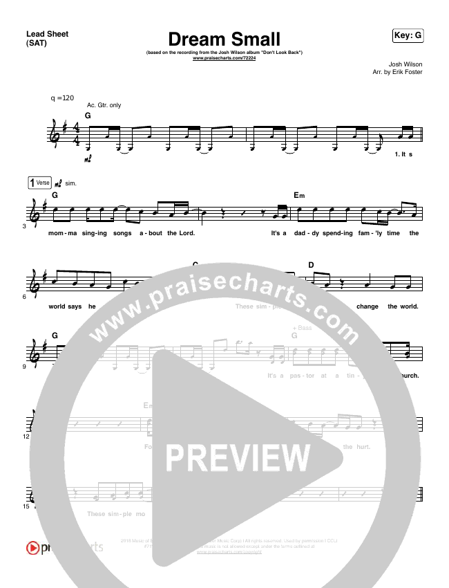 Dream Small Lead Sheet Sat Josh Wilson Praisecharts What does josh wilson's song dream small mean? praisecharts