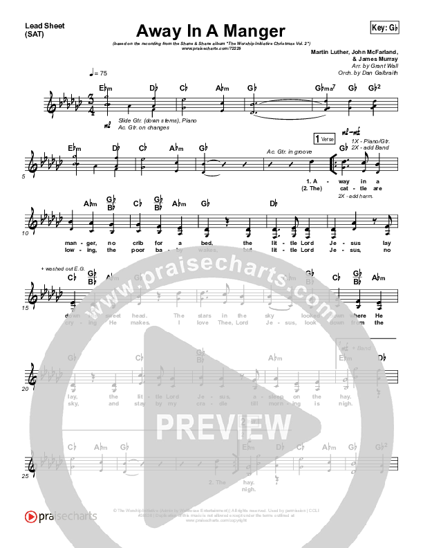 Away In A Manger Lead Sheet (SAT) (Shane & Shane / The Worship Initiative)