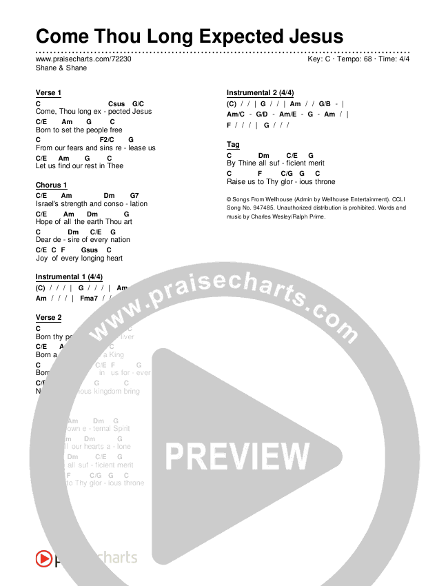 Come Thou Long Expected Jesus Chords & Lyrics (Shane & Shane / The Worship Initiative)