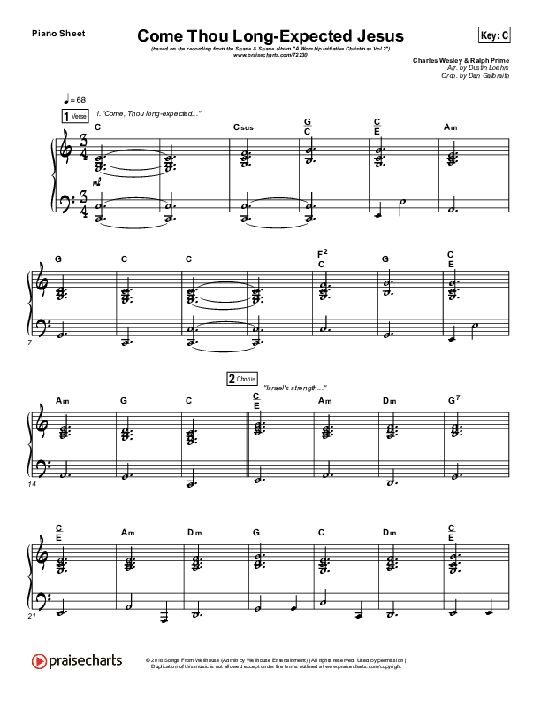 Come Thou Long Expected Jesus Piano Sheet (Shane & Shane / The Worship Initiative)