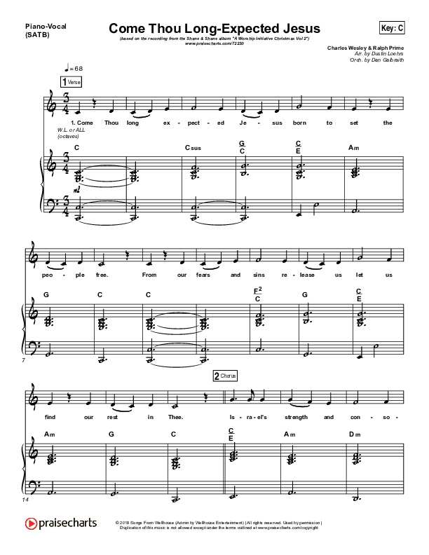 Come Thou Long Expected Jesus Piano/Vocal (SATB) (Shane & Shane / The Worship Initiative)