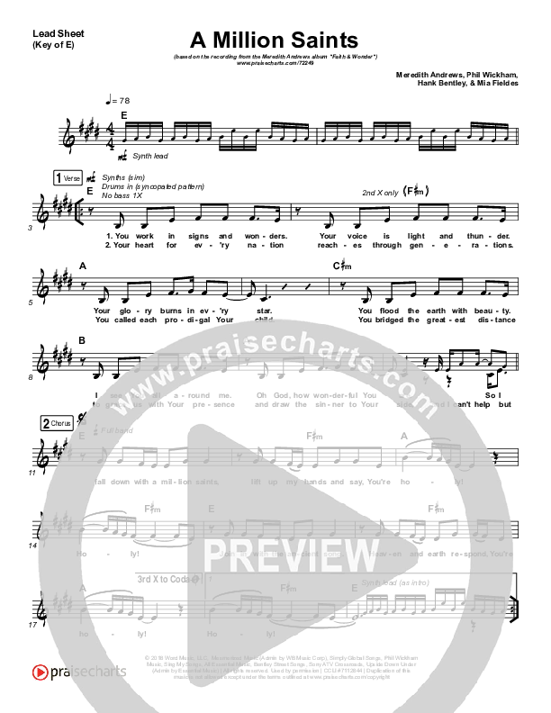 A Million Saints Lead Sheet (Melody) (Meredith Andrews)