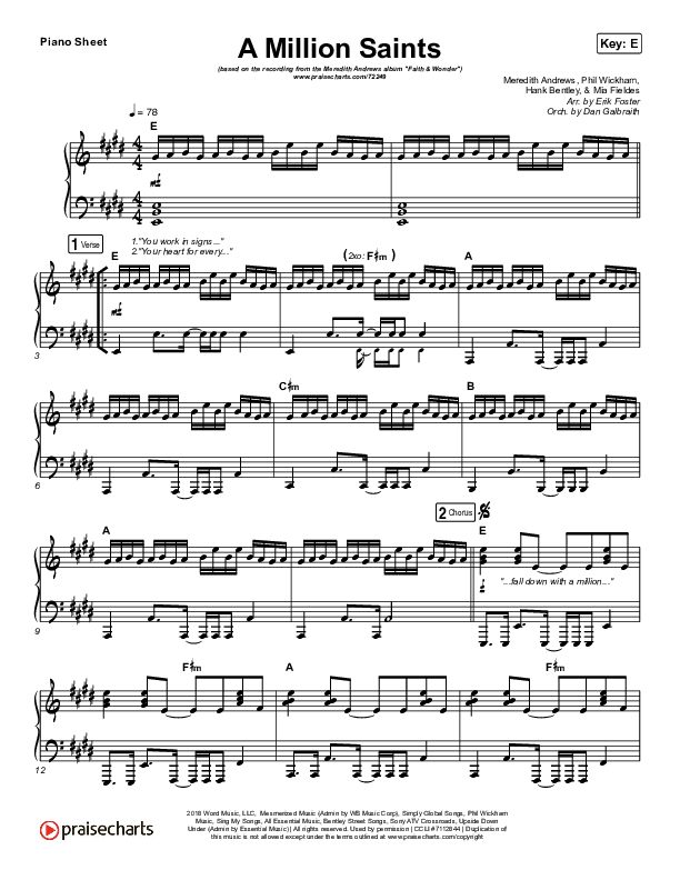 A Million Saints Piano Sheet (Meredith Andrews)