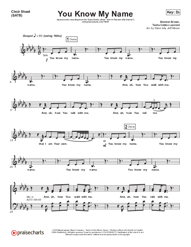 You Know My Name Choir Sheet (SATB) (Tasha Cobbs Leonard)