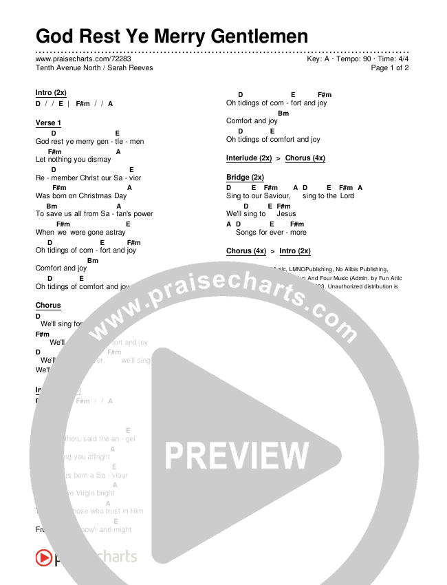 God Rest Ye Merry Gentlemen Chords & Lyrics (Tenth Avenue North / Sarah Reeves)