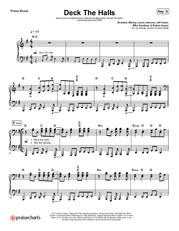 Deck The Halls Piano Sheet (Tenth Avenue North)