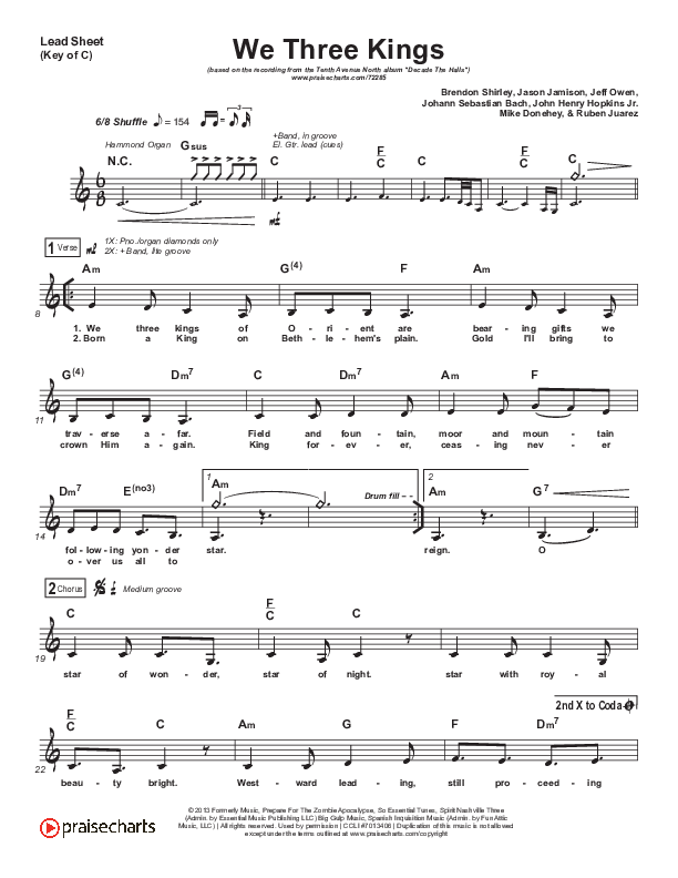 We Three Kings Lead Sheet (Melody) (Tenth Avenue North / Britt Nicole)
