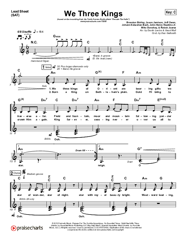 We Three Kings Lead Sheet (SAT) (Tenth Avenue North / Britt Nicole)