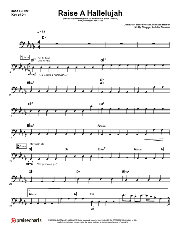 Raise A Hallelujah Bass Guitar (Bethel Music / Melissa Helser / Jonathan David Helser)