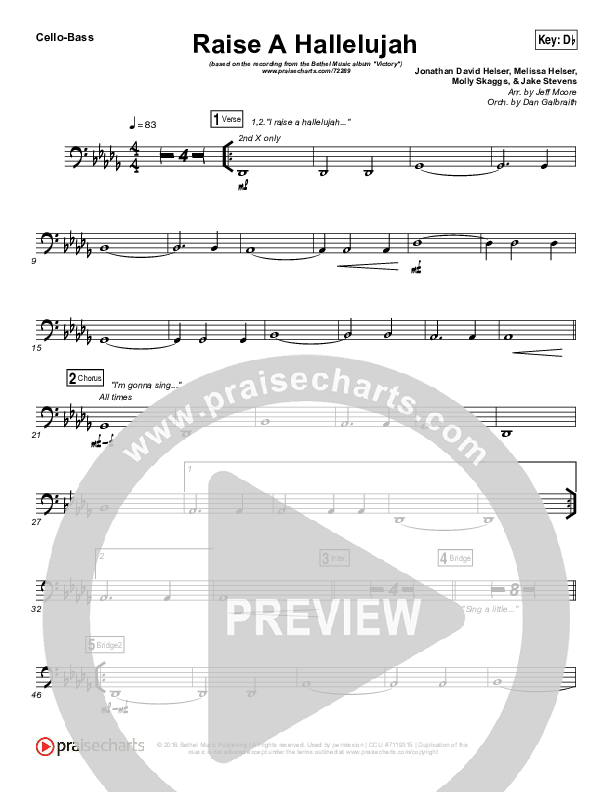 Raise A Hallelujah Cello/Bass (Bethel Music / Melissa Helser / Jonathan David Helser)