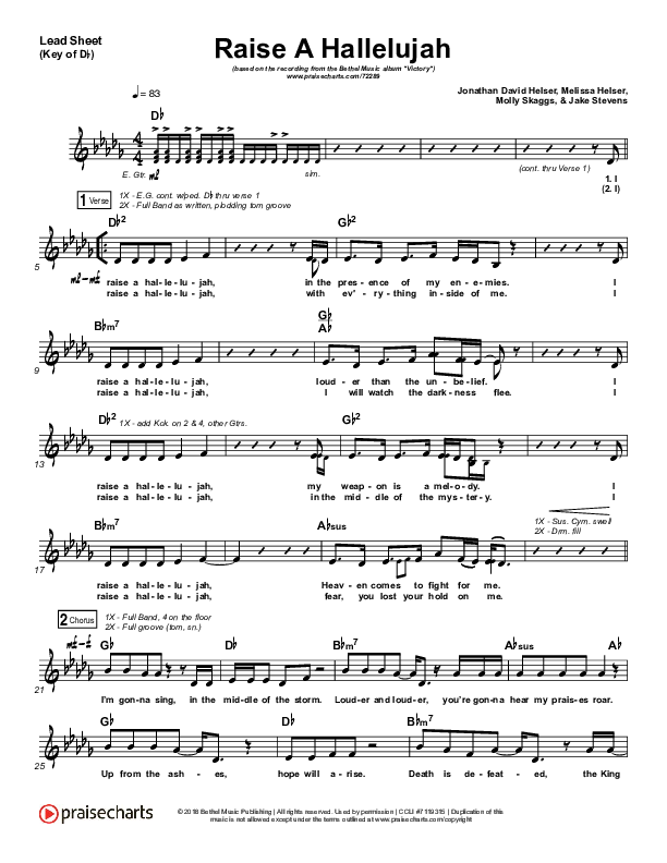 Raise A Hallelujah Lead Sheet (Melody) (Bethel Music / Melissa Helser / Jonathan David Helser)