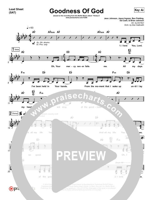 Goodness Of God Orchestration Bethel Music Jenn Johnson Praisecharts