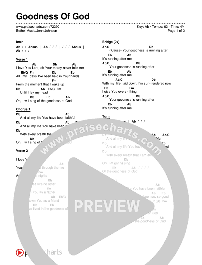Goodness Of God Chords PDF (Bethel Music / Jenn Johnson) - PraiseCharts
