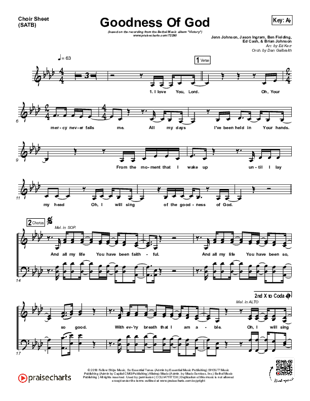 Goodness Of God Choir Sheet (SATB) (Bethel Music / Jenn Johnson)