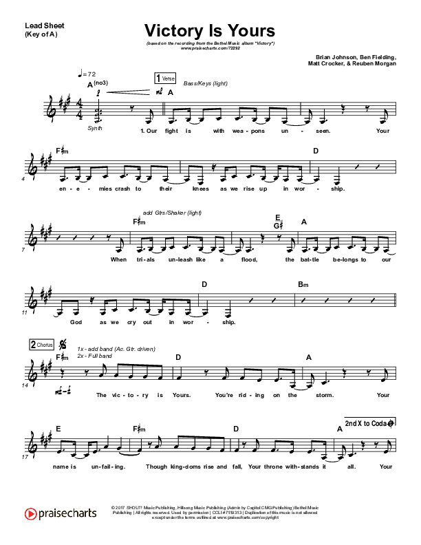 Victory Is Yours Lead Sheet (Melody) (Bethel Music / Bethany Wohrle)