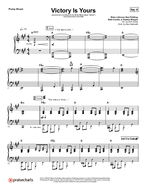 Victory Is Yours Piano Sheet (Bethel Music / Bethany Wohrle)