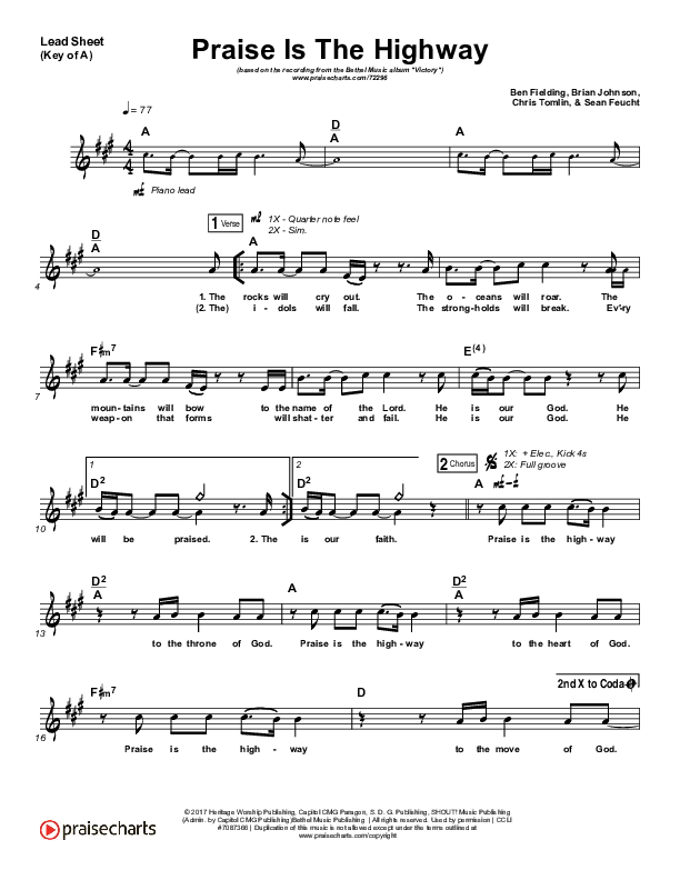 Praise Is The Highway Lead Sheet (Melody) (Bethel Music / Brian Johnson)