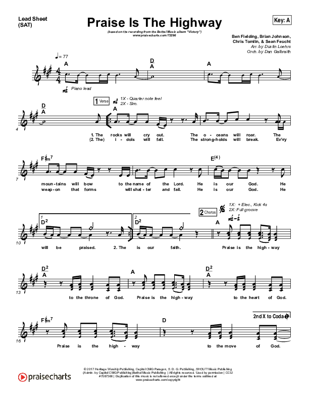 Praise Is The Highway Lead Sheet (SAT) (Bethel Music / Brian Johnson)