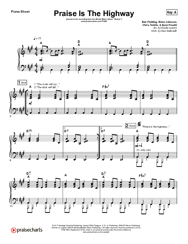 Praise Is The Highway Piano Sheet (Bethel Music / Brian Johnson)