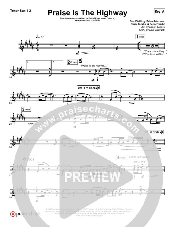 Praise Is The Highway Tenor Sax 1/2 (Bethel Music / Brian Johnson)