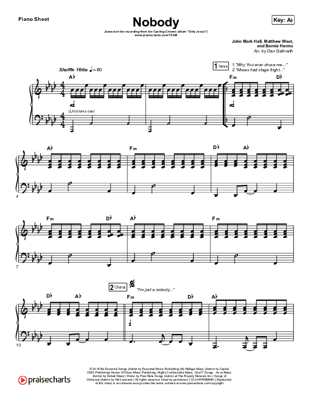 Nobody Piano Sheet (Print Only) (Casting Crowns / Matthew West)