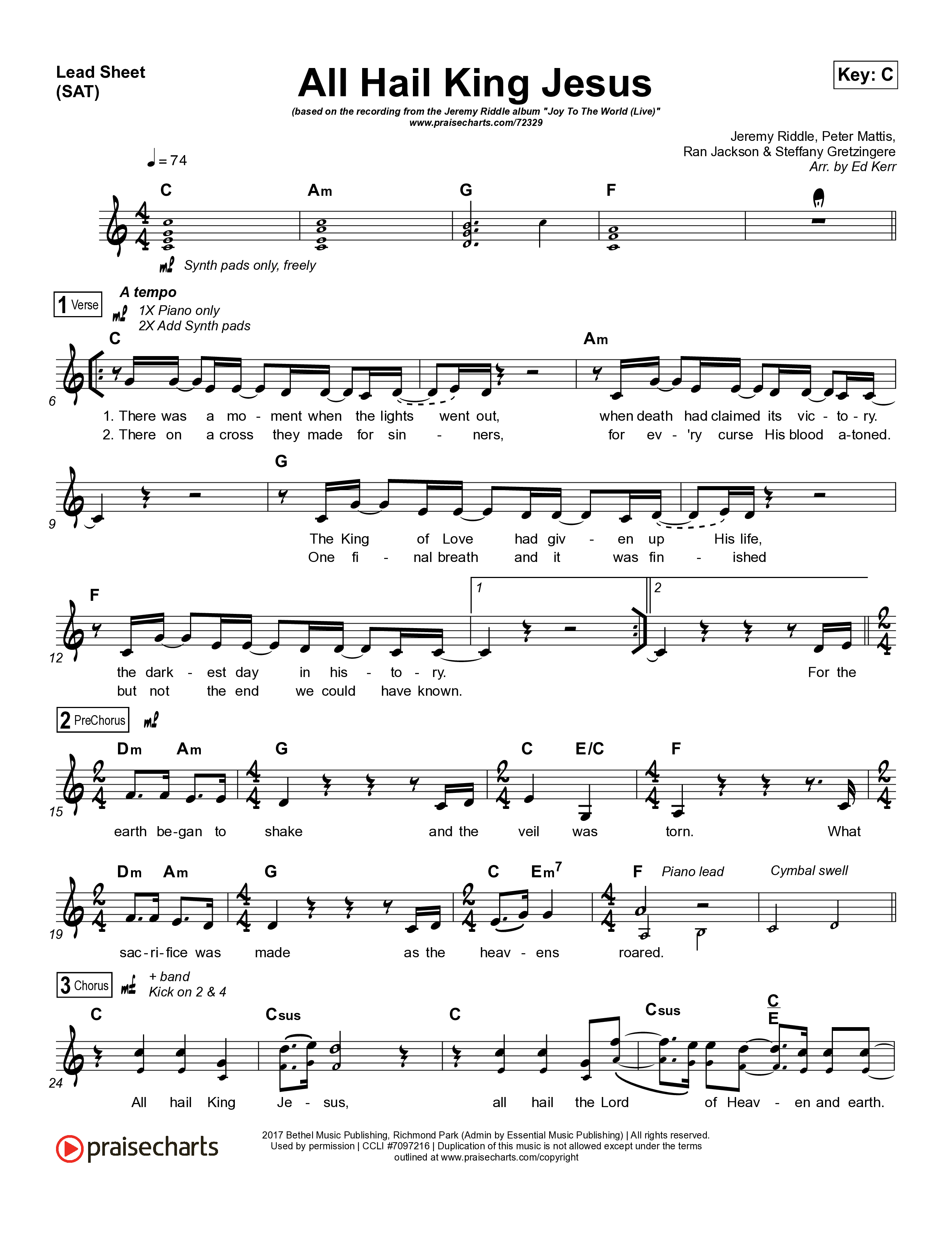 All Hail King Jesus (Live) Lead Sheet (SAT) (Jeremy Riddle)