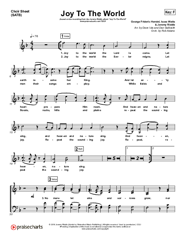 Joy To The World (Live) Choir Sheet (SATB) (Jeremy Riddle)