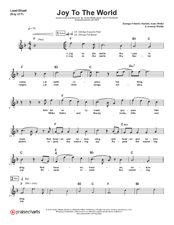 Joy To The World (Live) Lead Sheet (Melody) (Jeremy Riddle)