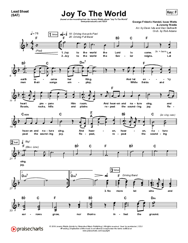 Joy To The World (Live) Lead Sheet (SAT) (Jeremy Riddle)
