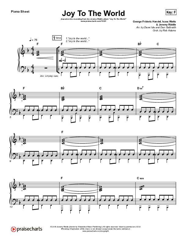 Joy To The World (Live) Piano Sheet (Jeremy Riddle)