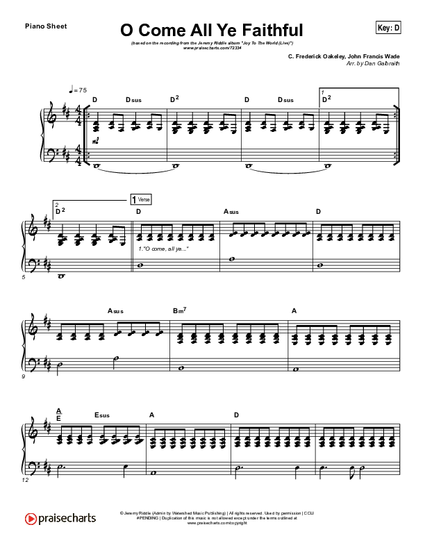 O Come All Ye Faithful (Live) Piano Sheet (Jeremy Riddle)