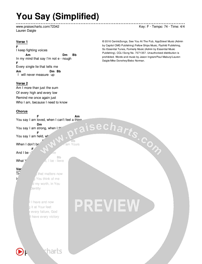 You Say (Simplified) Chord Chart (Lauren Daigle)