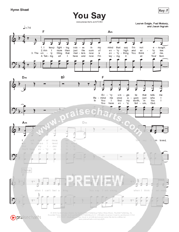 You Say (Simplified) Hymn Sheet (Lauren Daigle)
