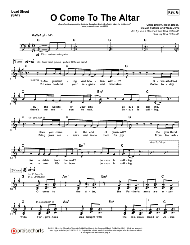 O Come To The Altar (Choral Anthem SATB) Lead Sheet (SAT) (Elevation Worship / Arr. Luke Gambill)