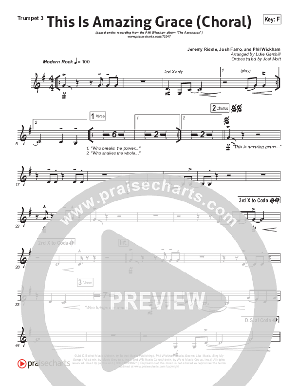 This Is Amazing Grace (Choral Anthem SATB) Trumpet 3 (Phil Wickham / Arr. Luke Gambill)