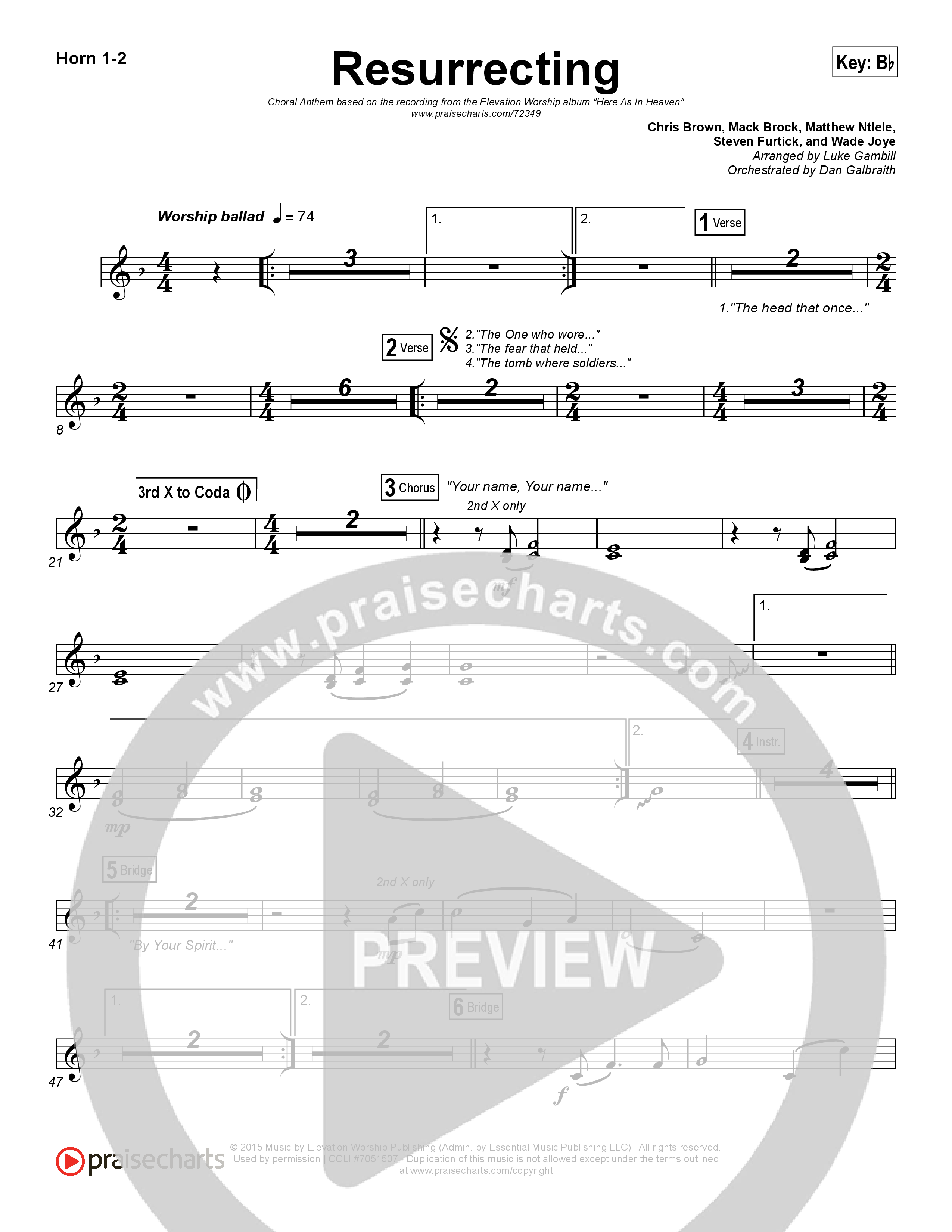 Resurrecting (Choral Anthem SATB) French Horn 1/2 (Elevation Worship / Arr. Luke Gambill)