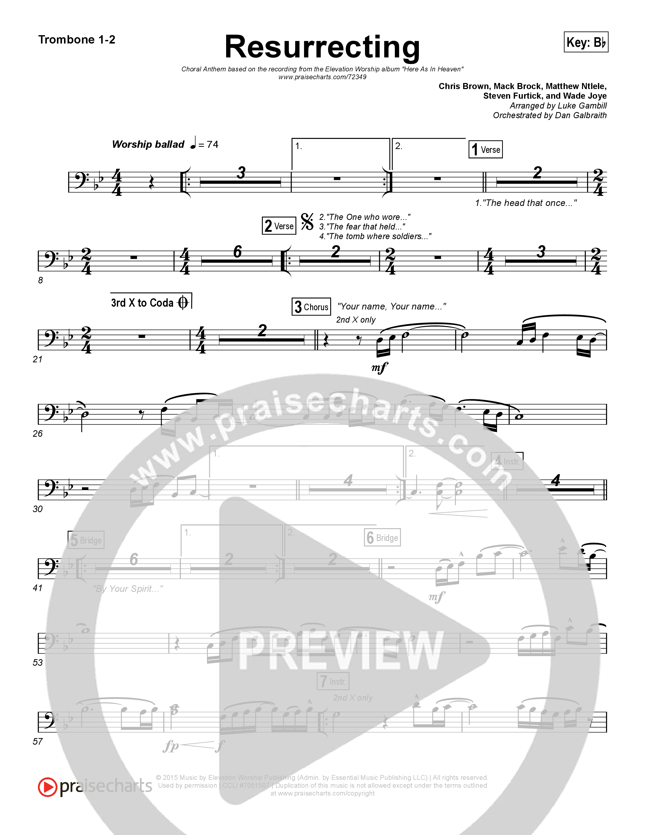 Resurrecting (Choral Anthem SATB) Trombone 1/2 (Elevation Worship / Arr. Luke Gambill)