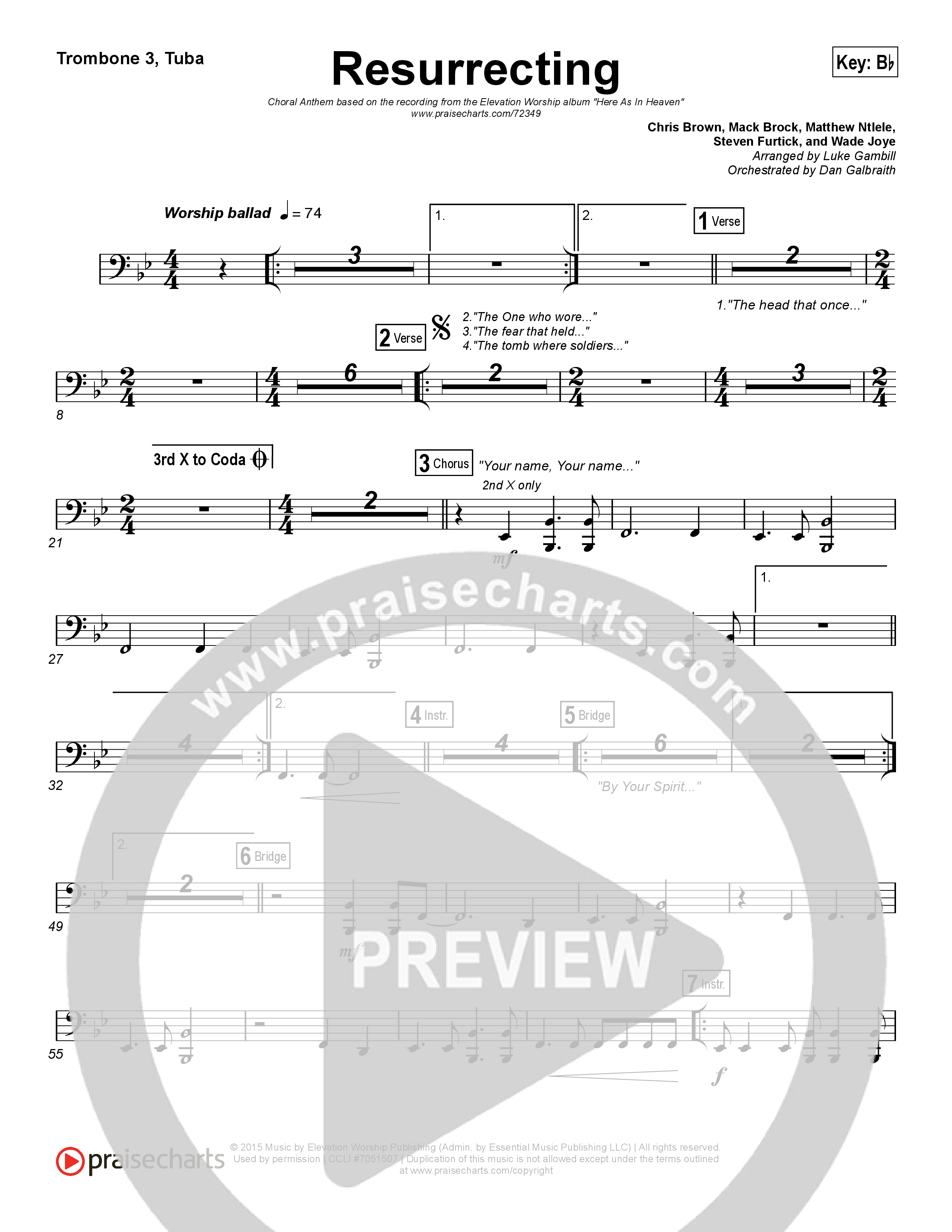 Resurrecting (Choral Anthem SATB) Trombone 3/Tuba (Elevation Worship / Arr. Luke Gambill)