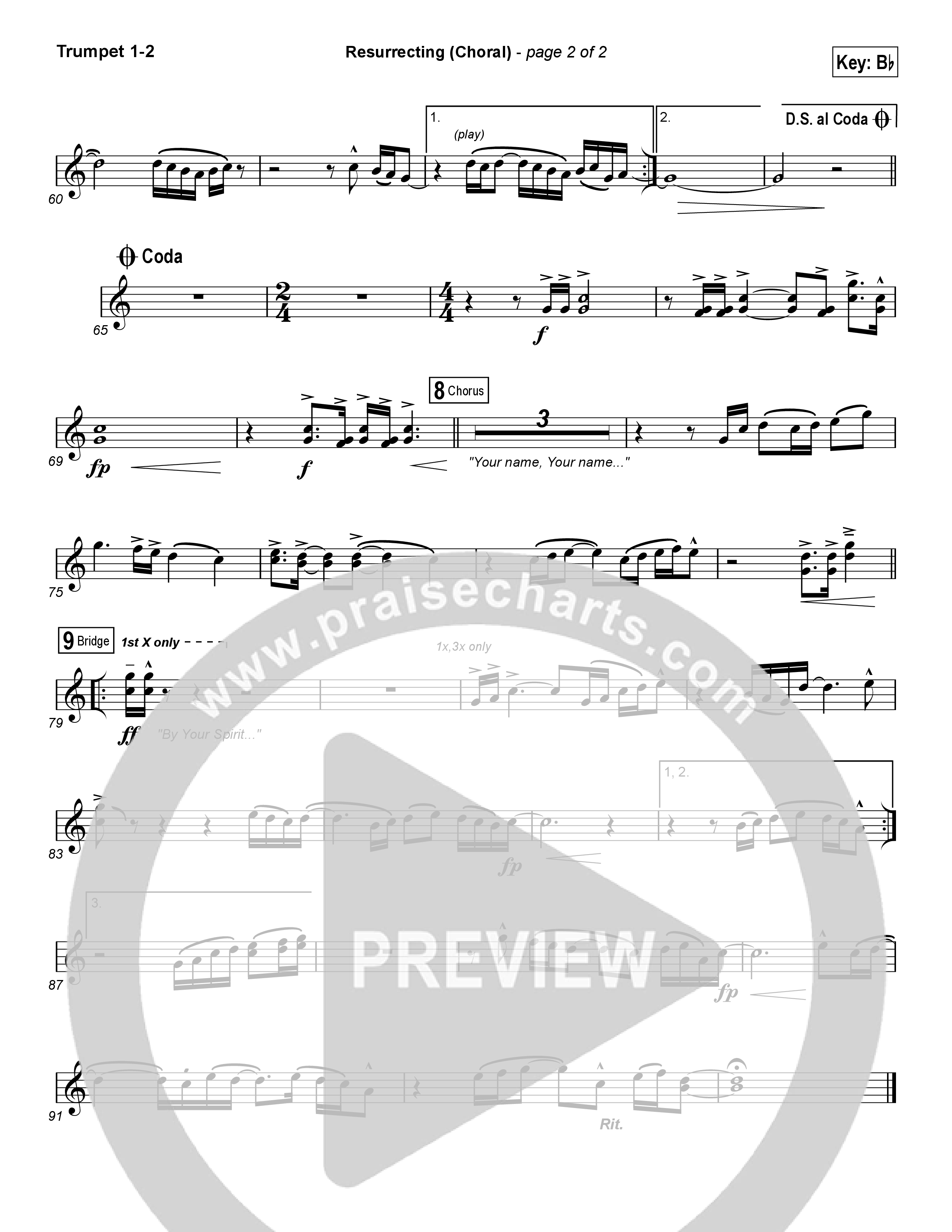 Resurrecting (Choral Anthem SATB) Trumpet 1,2 (Elevation Worship / Arr. Luke Gambill)