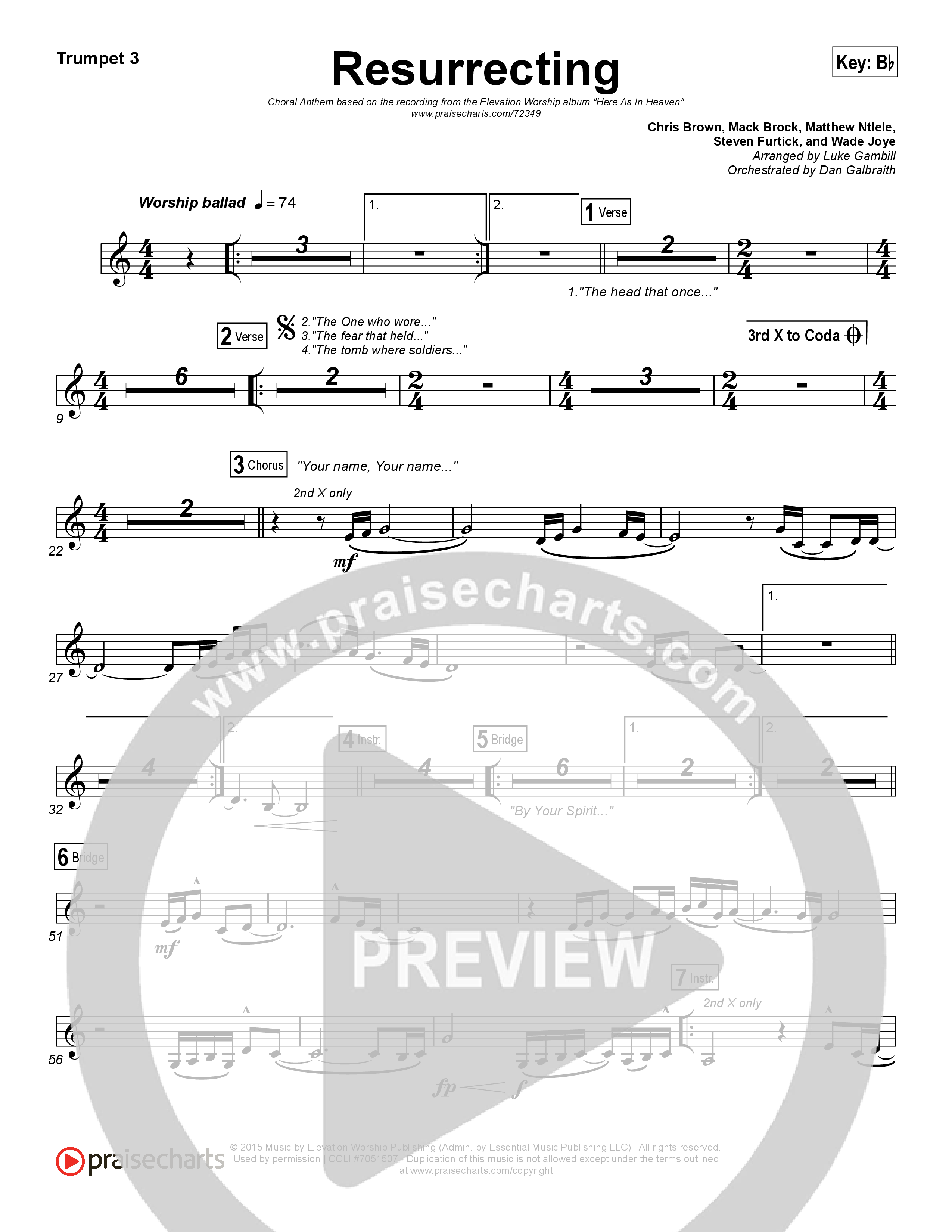 Resurrecting (Choral Anthem SATB) Trumpet 3 (Elevation Worship / Arr. Luke Gambill)