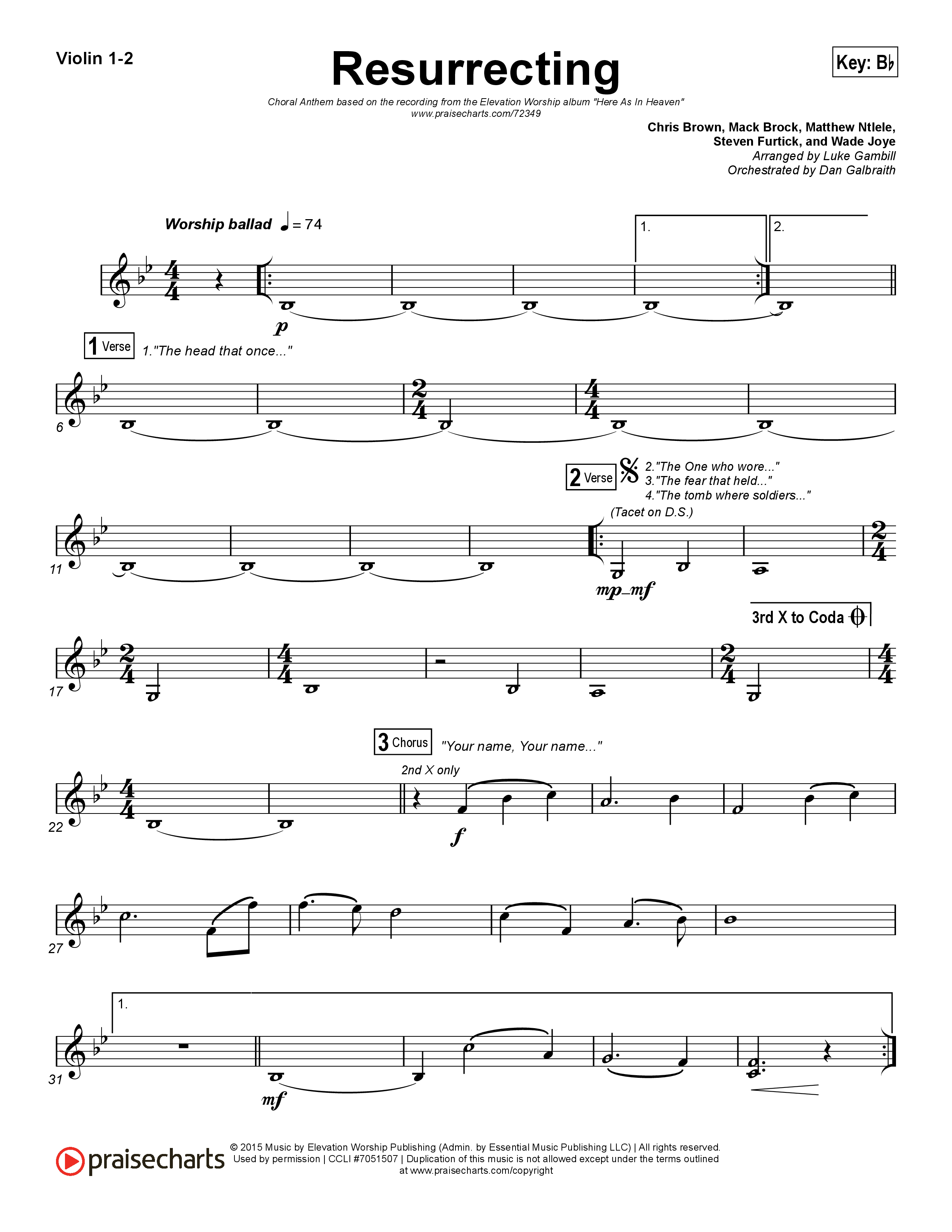 Resurrecting (Choral Anthem SATB) Violin 1/2 (Elevation Worship / Arr. Luke Gambill)
