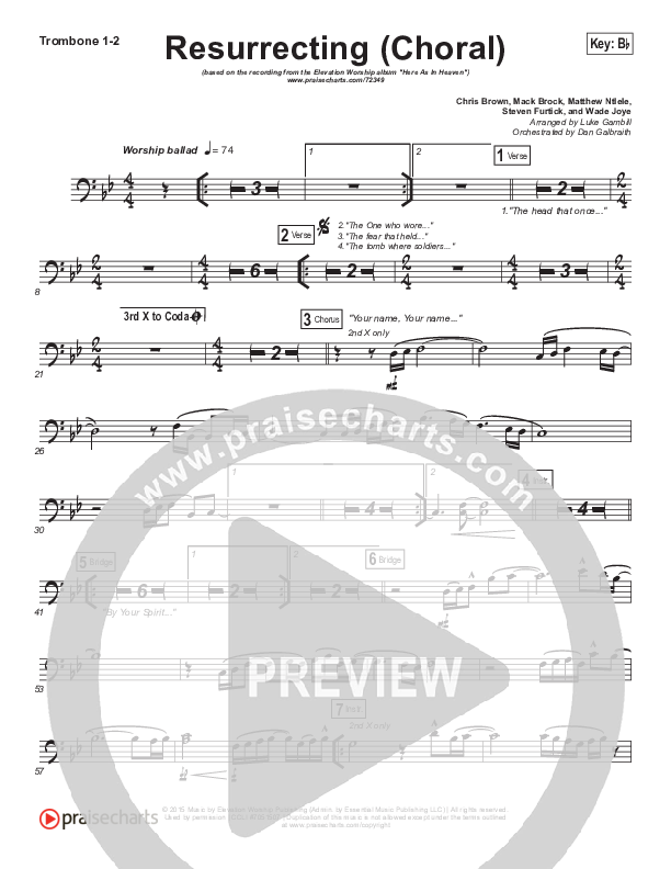 Resurrecting (Choral Anthem SATB) Trombone 1/2 (Elevation Worship / Arr. Luke Gambill)