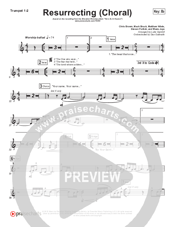 Resurrecting (Choral Anthem SATB) Trumpet 1,2 (Elevation Worship / Arr. Luke Gambill)