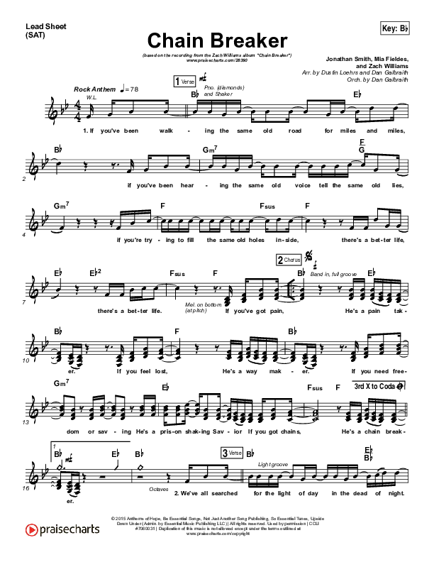 Chain Breaker (Choral Anthem SATB) Lead Sheet (SAT) (Zach Williams / Arr. Luke Gambill)