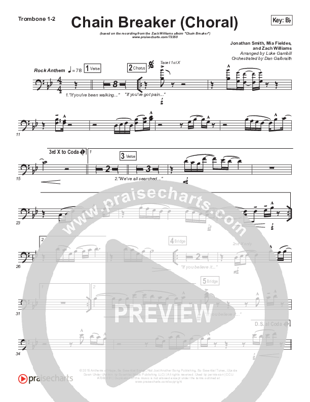 Chain Breaker (Choral Anthem SATB) Trombone 1/2 (Zach Williams / Arr. Luke Gambill)