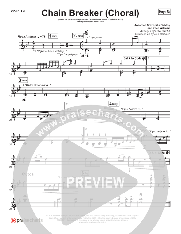 Chain Breaker (Choral Anthem SATB) Violin 1/2 (Zach Williams / Arr. Luke Gambill)