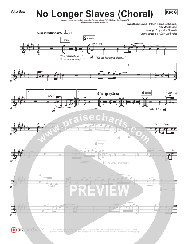 No Longer Slaves (Choral Anthem SATB) Alto Sax (Bethel Music / Arr. Luke Gambill)