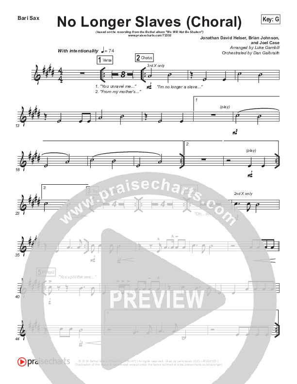 No Longer Slaves (Choral Anthem SATB) Bari Sax (Bethel Music / Arr. Luke Gambill)
