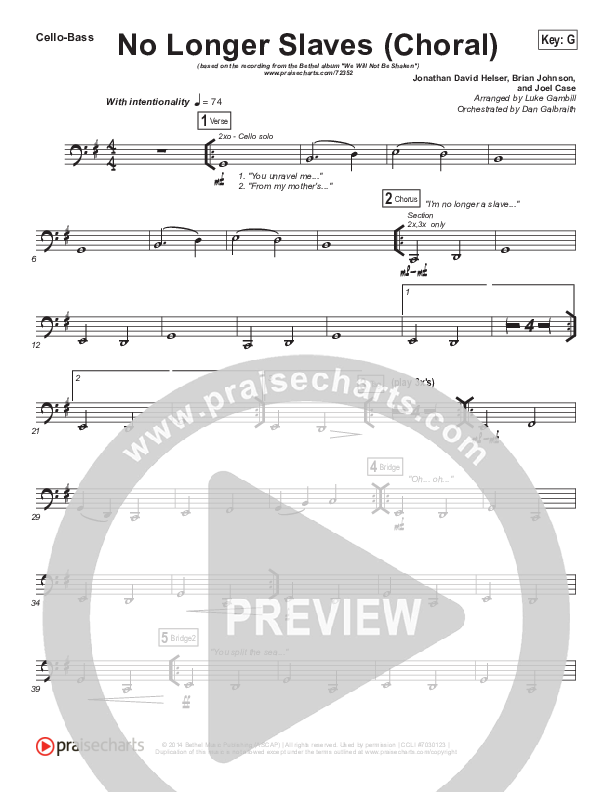 No Longer Slaves (Choral Anthem SATB) Cello/Bass (Bethel Music / Arr. Luke Gambill)