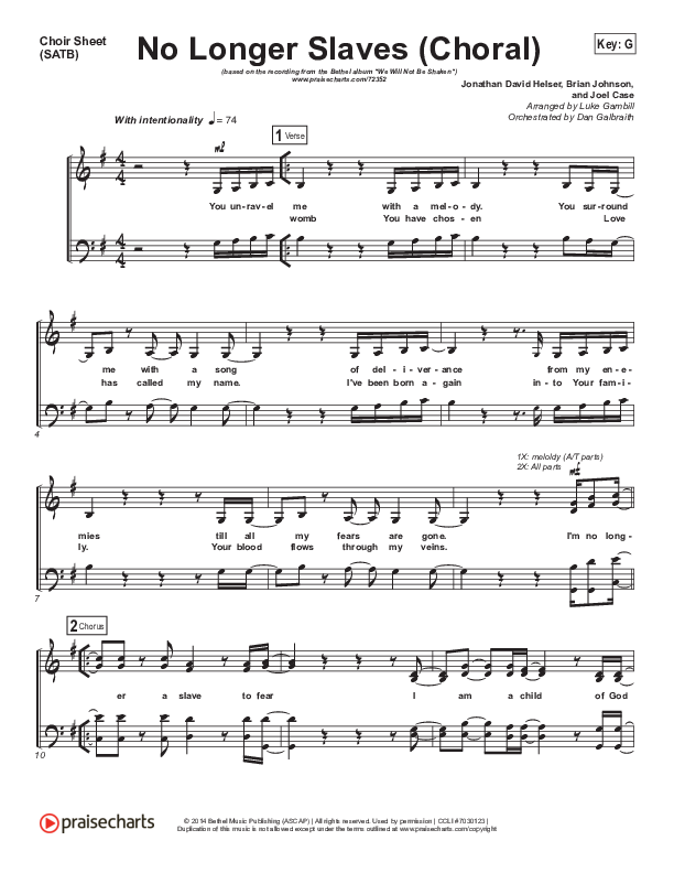 No Longer Slaves (Choral Anthem SATB) Choir Vocals (SATB) (Bethel Music / Arr. Luke Gambill)